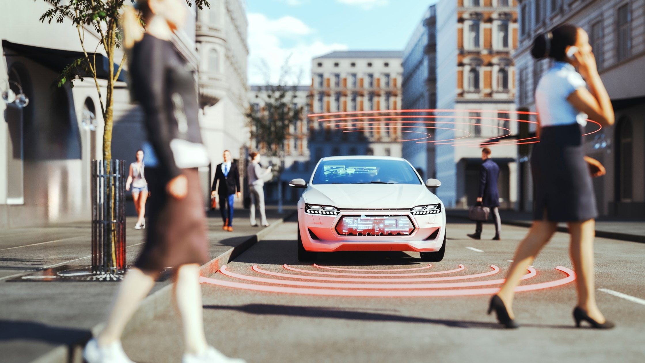 Menschen, die mit dem Auto die Straße überqueren